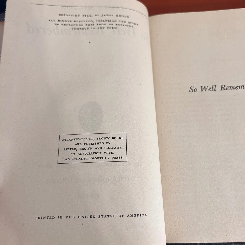 So Well Remembered James Hilton 1945 Book Club Edition Hardcover Dust Jacket